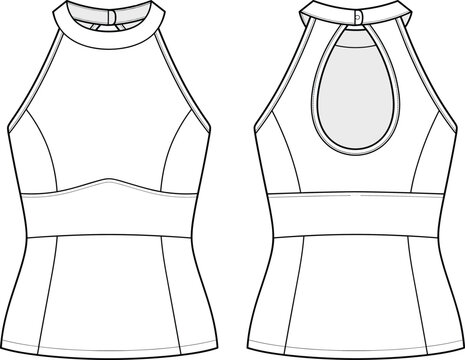 Women halter top fashion flat sketch technical drawing vector template apparel design illustration front and back view