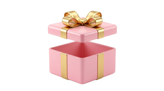 Pink gift box with a golden ribbon and bow, open to reveal empty interior isolated on transparent background