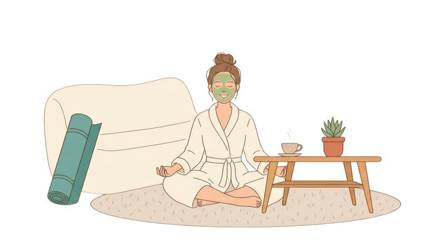 Relaxing woman with face mask sitting on rug near coffee table with plant isolated on transparent background