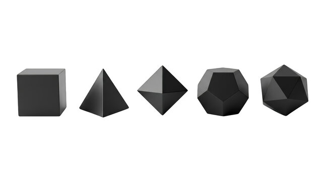 Collection of five black geometric shapes including cube pyramid dodecahedron isolated on transparent background