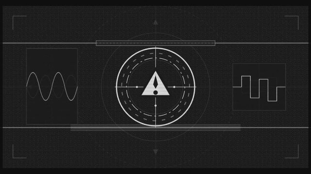 Radar navigation compass interface frame sequence with warning triangle.
