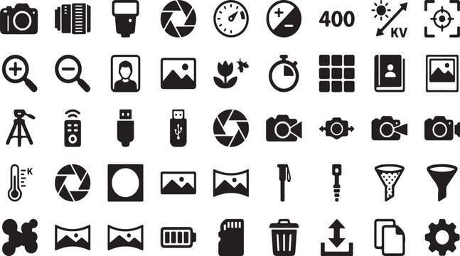 Collection of and camera equipment featuring lenses, shutters, flash, memory cards, and tripod on white background