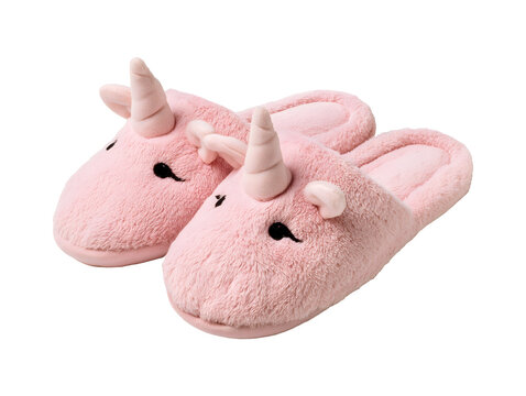 Collection set of pink plush unicorn slippers isolated on transparent or white background, png