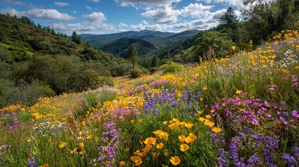 Obraz premium Vibrant wildflower meadow in a rolling hillside landscape under a bright blue sky with scattered fluffy white clouds