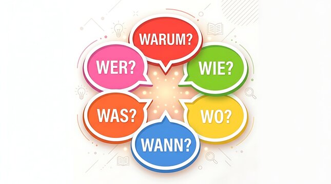 Colorful Speech Bubbles With Question Words In German For Brainstorming And Problem Solving Concepts