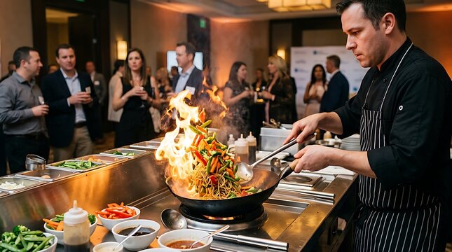 Professional chef preparing delicious stir-fry dish in a wok with flames leaping from the pan at an event