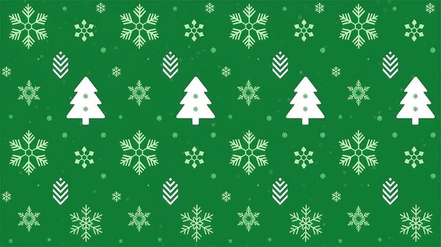 Christmas pattern animation with white snowflakes and pine trees on green background, festive winter holiday loop, seasonal greeting card motion graphic