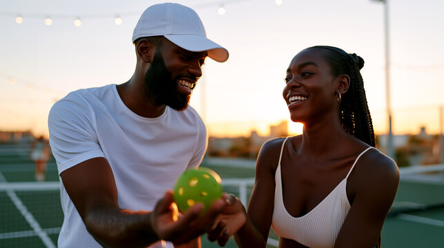A smiling couple exchanges a pickleball before the next point, warm sunset light and string lights glowing on the court behind them. A romantic summer lifestyle scene of connection and play.