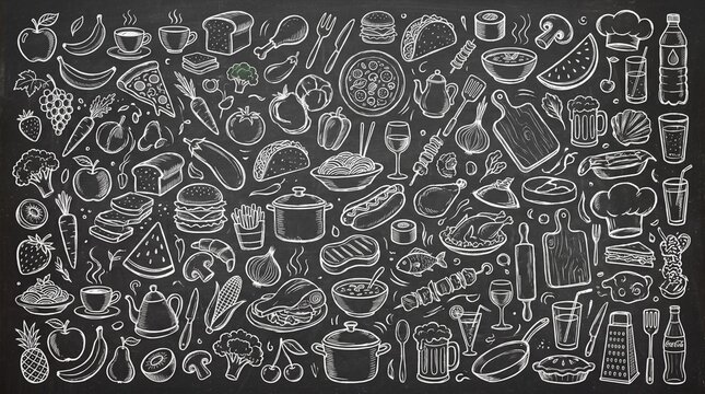 Large collection of hand drawn food doodles and kitchen icons on a chalkboard background showing various meals drinks fruits vegetables and cooking utensils for culinary design projects