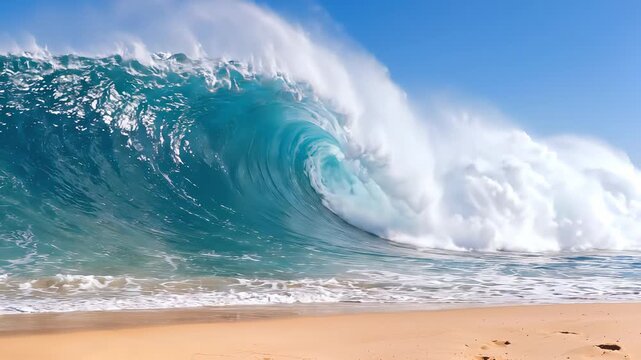 Powerful turquoise ocean wave curling over sandy beach. Tilting and panning camera movement.