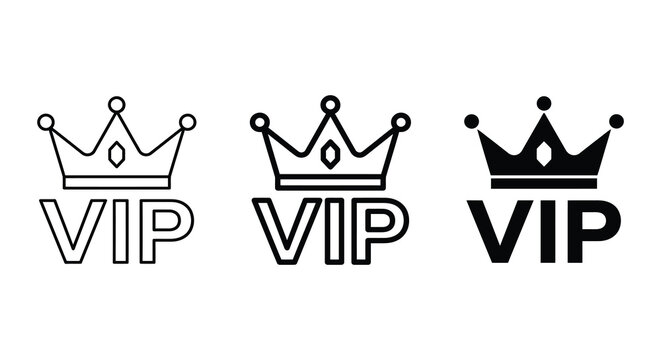 Crown and vip lettering black line art graphic on a white background