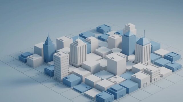 Cinematic wide shot of stylized isometric low poly city buildings rising on a grid plane