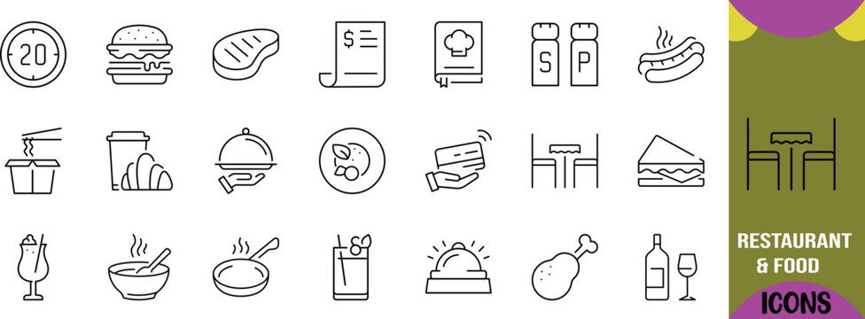 Restaurant and food outline icons. hamburger icon set, steak icon set, hotdog icon set