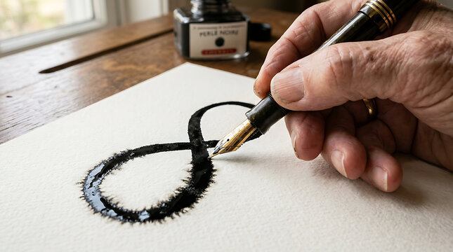 Hand drawing an infinity symbol with vintage fountain pen and black ink on paper