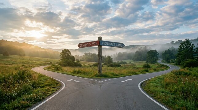Scenic fork in the road with signpost pointing to destinys path and memories lane at sunrise
