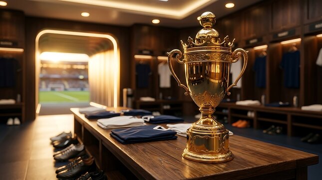 Shining golden championship trophy standing on a wooden bench inside a modern luxury sports changing room with stadium view