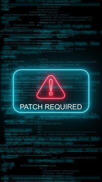 Cybersecurity alert: patch required neon warning sign over digital code background, software update digital security