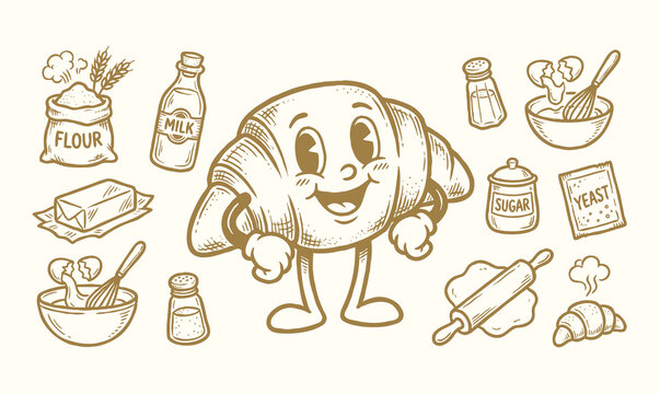 Retro croissant bakery cartoon mascot chef characters set with baking ingredients doodles