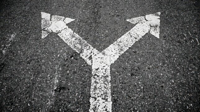 White painted fork in the road arrow on dark, cracked asphalt, symbolizing choice and divergence