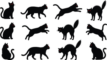 Fototapeta premium Black Cat Silhouettes Collection With Red Eyes On A White Background Vector Illustration silhouette