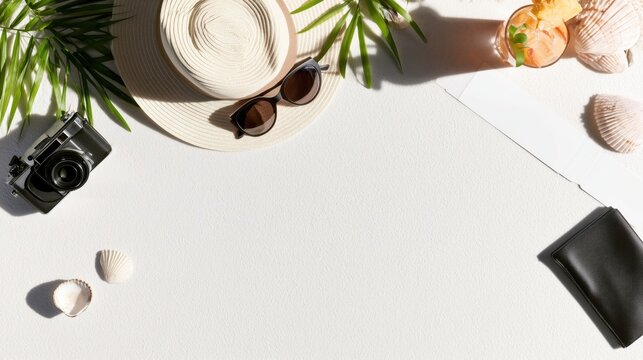 Summer travel flat lay on light sand with straw hat, sunglasses, cocktail, camera, passport and tropical elements. Luxury vacation concept with large copy space.