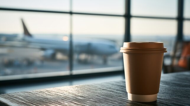 Takeaway coffee cup on a table inside a modern airport lounge with a panoramic window and airplane outside. Minimal travel lifestyle scene with bright summer daylight.
