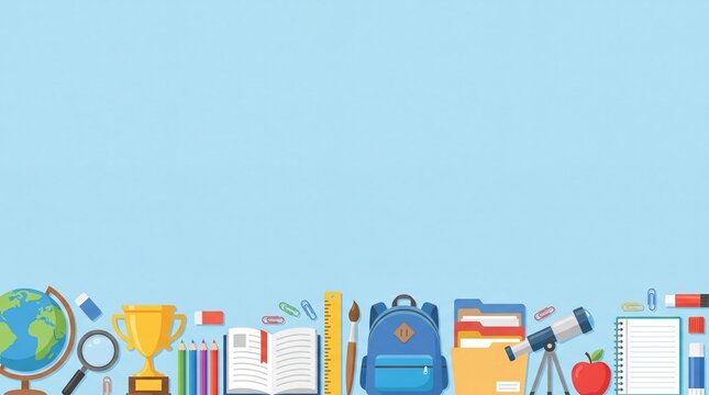 Colorful illustration of school supplies including globe, backpack, books, and stationery items on a light blue background
