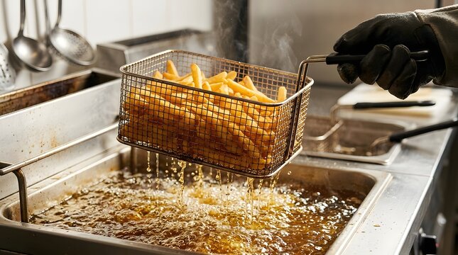 Basket Of Crispy Fries Dripping Oil Above Commercial Deep Fryer