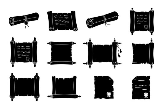 Set of vintage scroll and document icons with seals and ribbons.