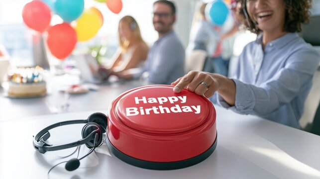 Customer support team celebrates an office birthday around a giant glowing happiness button. Fun corporate scene symbolizing teamwork, employee recognition, motivation, and workplace culture.