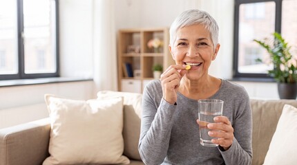 Fototapeta premium Senior woman with short gray hair takes a vitamin pill while holding a glass of water in a bright living room with soft furnishings