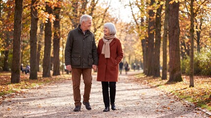 Fototapeta premium Elderly couple walking hand in hand along a tree-lined path in an autumn park with colorful foliage and soft sunlight filtering through branches