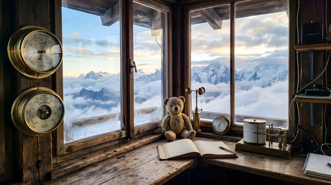 Cozy Mountain Retreat with Vintage Instruments Overlooking a Sea of Clouds
