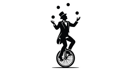 Circus performer silhouette juggling on a unicycle black on white background © MBHM Studio