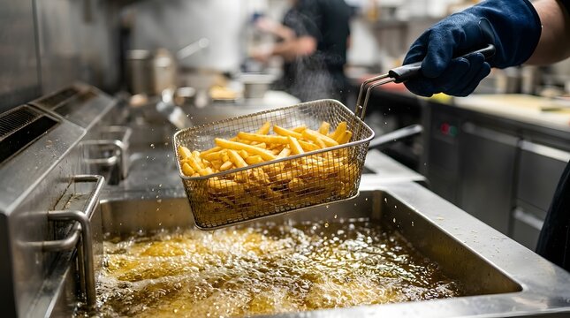 Chef Lifting Metal Basket Of Golden French Fries From Deep Fryer