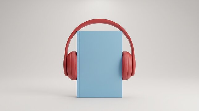 Blue book with red headphones. Concept of audiobook and digital learning.