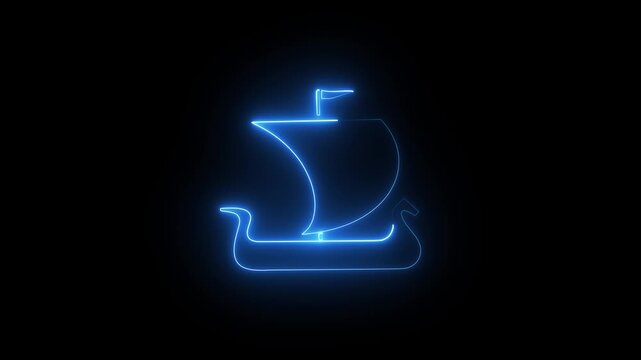 Glowing neon viking ship icon on dark background