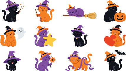 Obraz premium Twelve cute cartoon cats wearing witch hats for halloween, featuring kittens with magic wands, pumpkins, stars, hearts, and ghosts on white