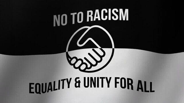 Anti-Racism Flag: A stark visual statement against racism, promoting equality and unity for all with bold text and a symbolic handshake graphic.