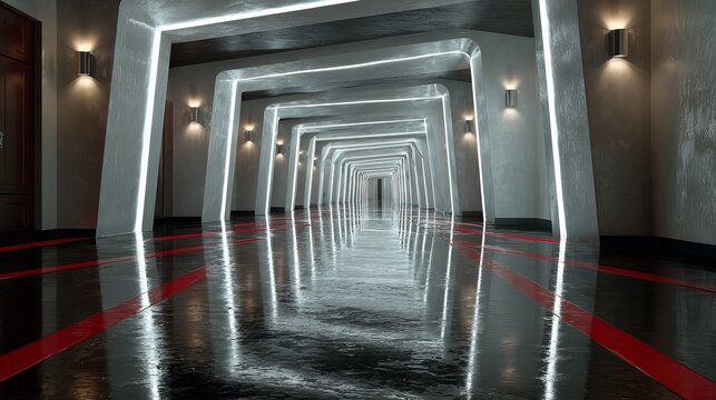 Futuristic architectural corridor with glowing white light strips and a red accent line, creating a modern, minimalist, and abstract space design