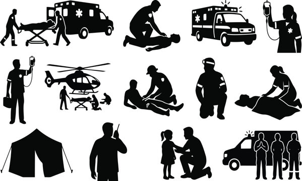 Collection of black silhouettes depicting emergency medical services, ambulance staff, paramedics, and first responders in action