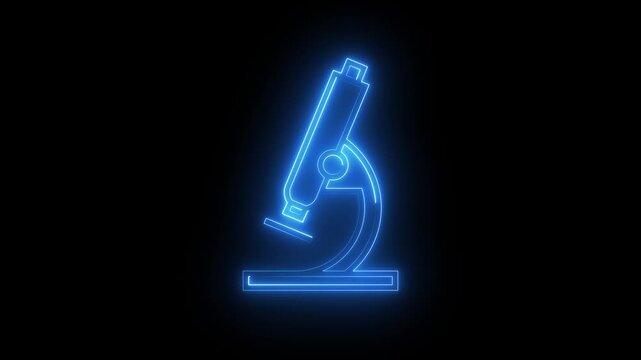 Glowing blue neon microscope icon on black background