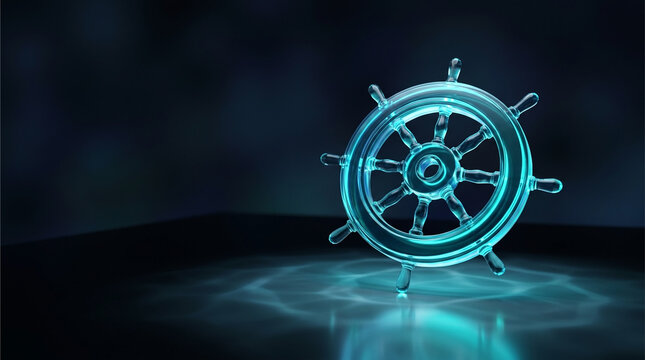 Conceptual 3D render of a futuristic translucent glass ship's wheel glowing with cyan neon light on a dark reflective surface.