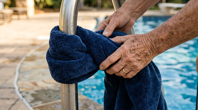 Senior man drying hands with a blue towel by a swimming pool on a sunny day, focusing on self-care and relaxation