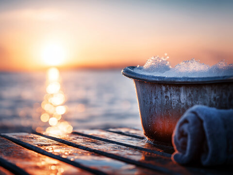 Vintage metal basin filled with foamy water on a wooden dock overlooking the sea at sunset. Peaceful wellness concept with warm golden light, relaxation, self-care and tranquil coastal atmosphere.