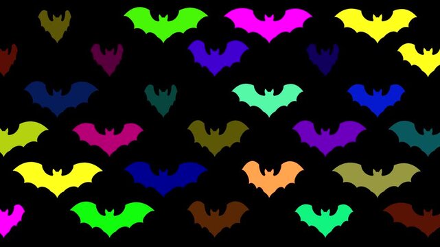 Batastic Colorful Bats Flapping 4K Loop features bat silhouettes in multiple colors blinking and changing colors similar to a neon sign flickering and flapping their wings in a loop.