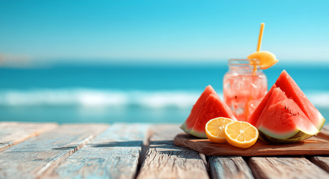Fresh summer fruits near sparkling pool water with watermelon, citrus slices and refreshing infused drink on sunny day. Tropical vacation food background.
