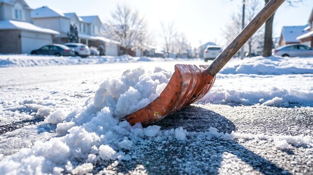 Person shoveling snow from driveway. Clearing ice and snow after a winter storm.