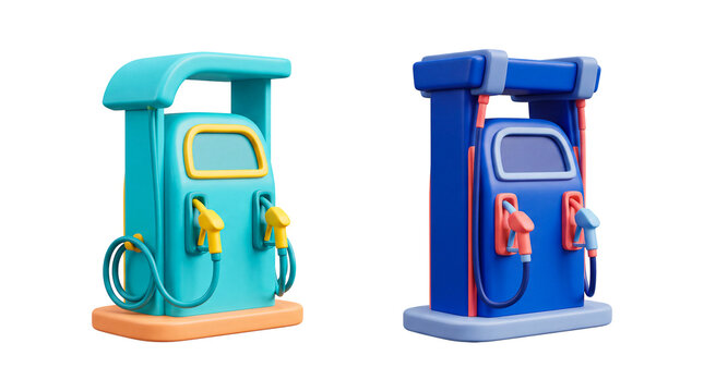 3D stylized fuel pump icons for gas stations isolated on transparent background