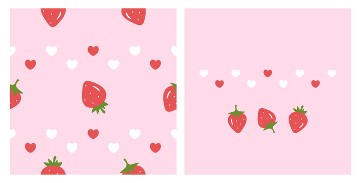 Seamless strawberry and heart pattern with sweet red berries on a soft pink background in hand drawn flat vector style for fabric, wrapping paper, nursery decor, wallpaper, packaging, and textile.